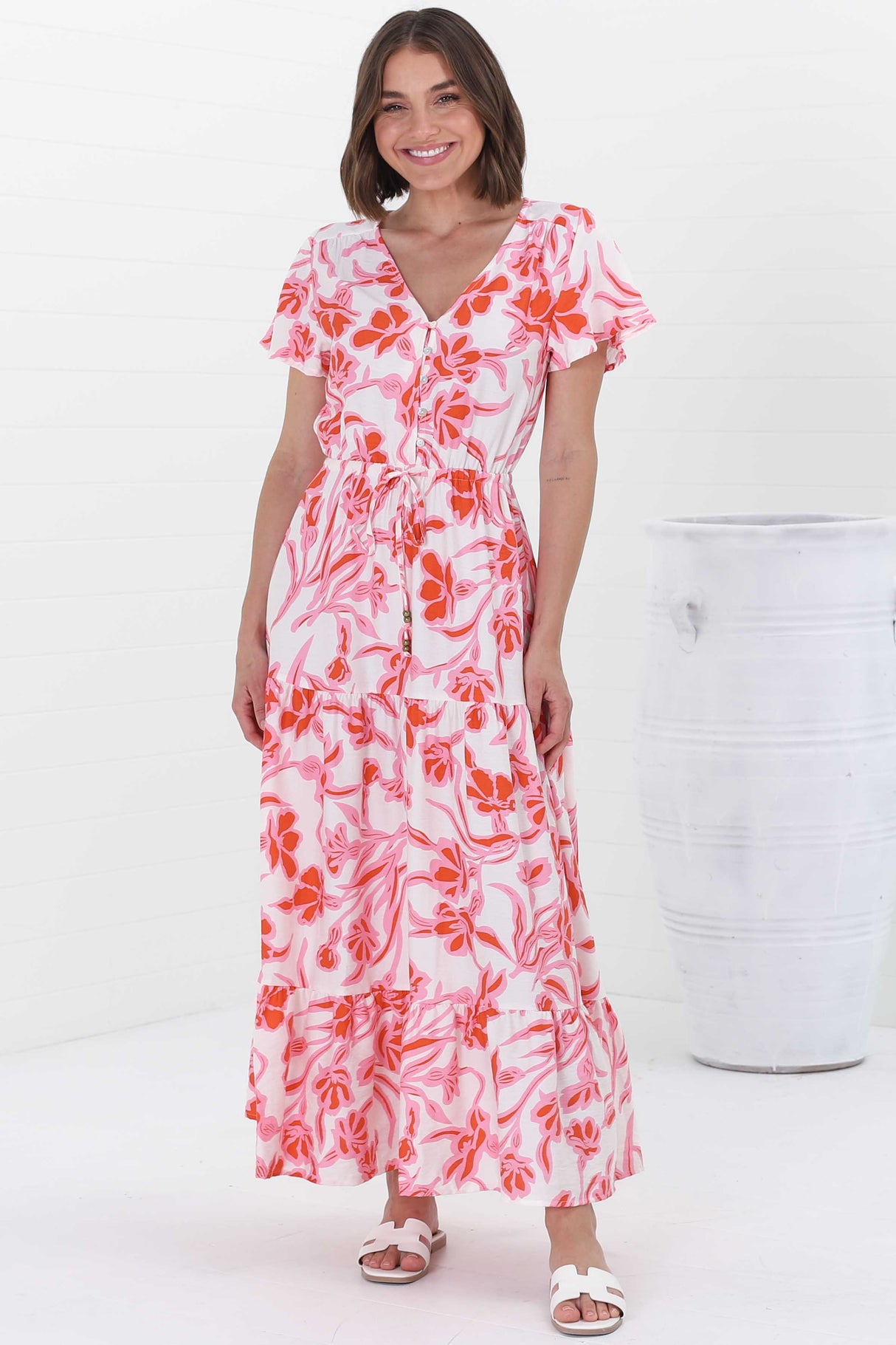 Hanna Maxi Dress - Cap Sleeve Tiered A Line Dress with Toggle Detailed Waist Tie in Braley Pink