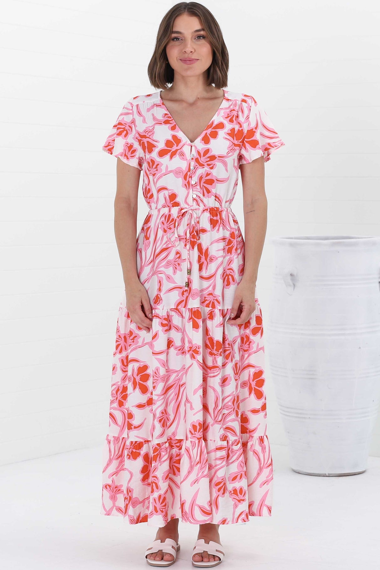 Hanna Maxi Dress - Cap Sleeve Tiered A Line Dress with Toggle Detailed Waist Tie in Braley Pink