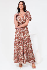 Hanna Maxi Dress - Cap Sleeve Tiered A Line Dress with Toggle Detailed Waist Tie in Emma-Jade Print Brown