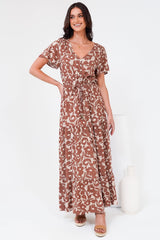 Hanna Maxi Dress - Cap Sleeve Tiered A Line Dress with Toggle Detailed Waist Tie in Emma-Jade Print Brown