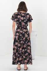 Hanna Maxi Dress - Cap Sleeve Tiered A Line Dress with Toggle Detailed Waist Tie in Halara Print Black