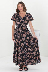 Hanna Maxi Dress - Cap Sleeve Tiered A Line Dress with Toggle Detailed Waist Tie in Halara Print Black