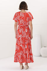 Hanna Maxi Dress - Cap Sleeve Tiered A Line Dress with Toggle Detailed Waist Tie in Havanna Print Red