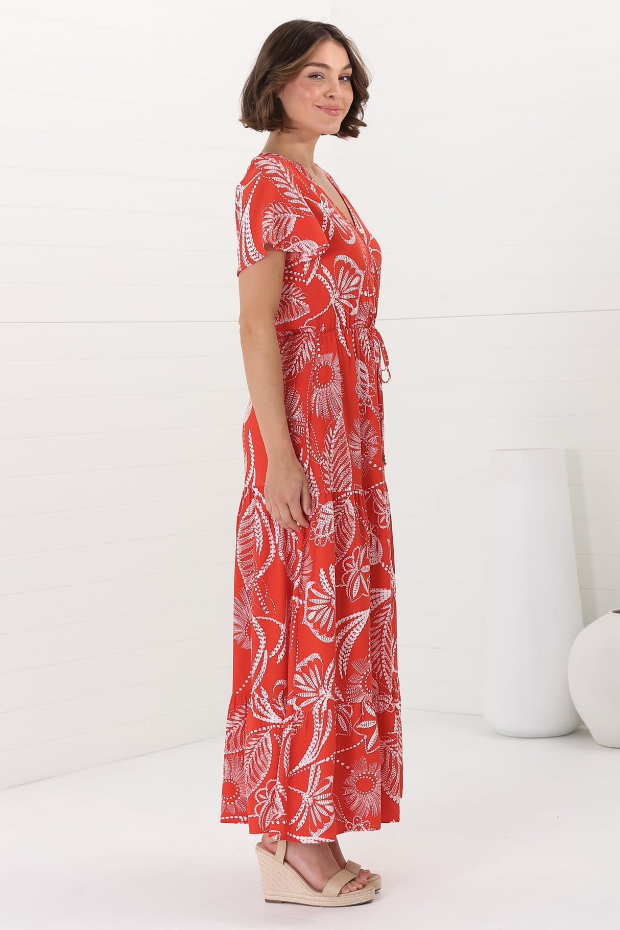 Hanna Maxi Dress - Cap Sleeve Tiered A Line Dress with Toggle Detailed Waist Tie in Havanna Print Red