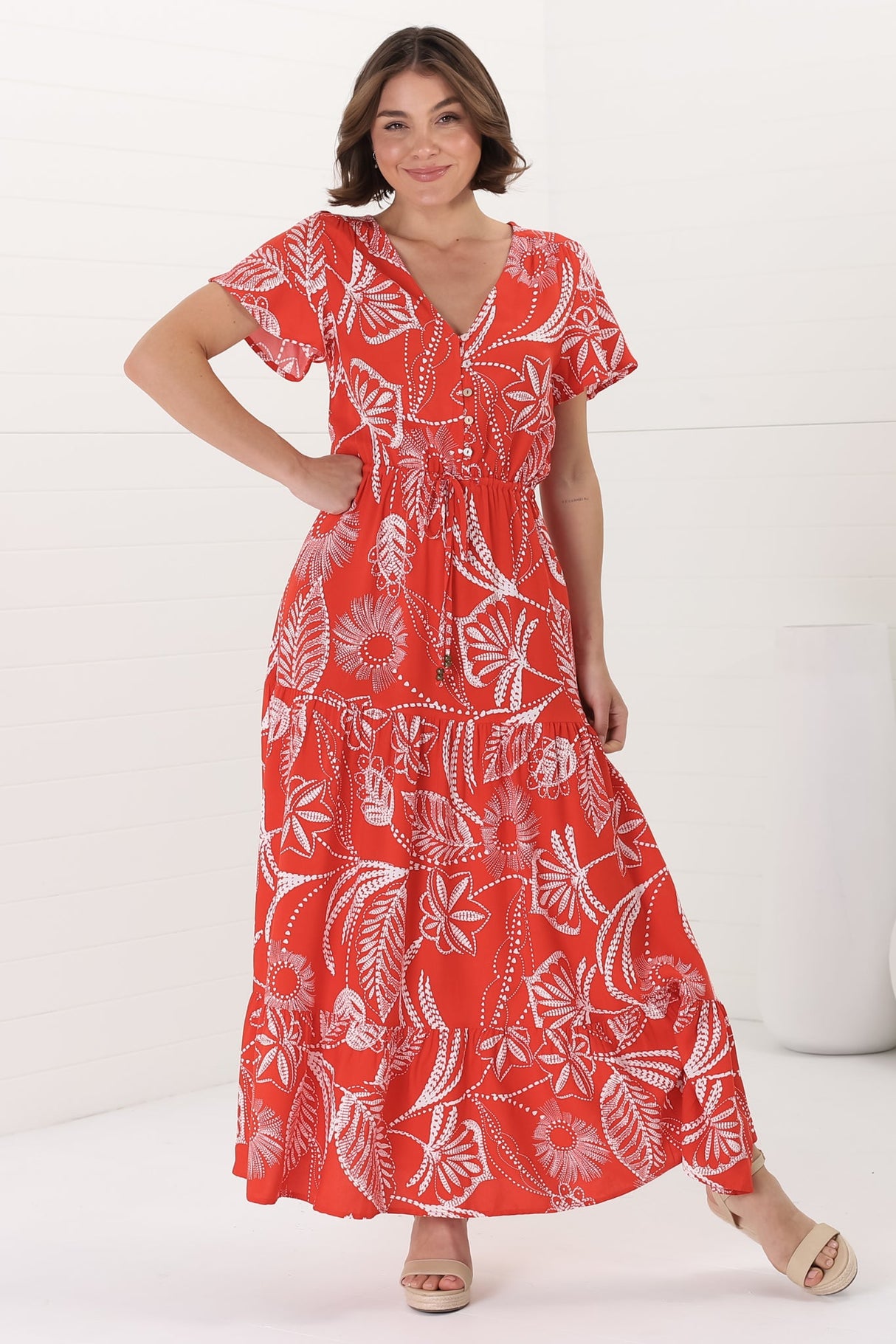 Hanna Maxi Dress - Cap Sleeve Tiered A Line Dress with Toggle Detailed Waist Tie in Havanna Print Red