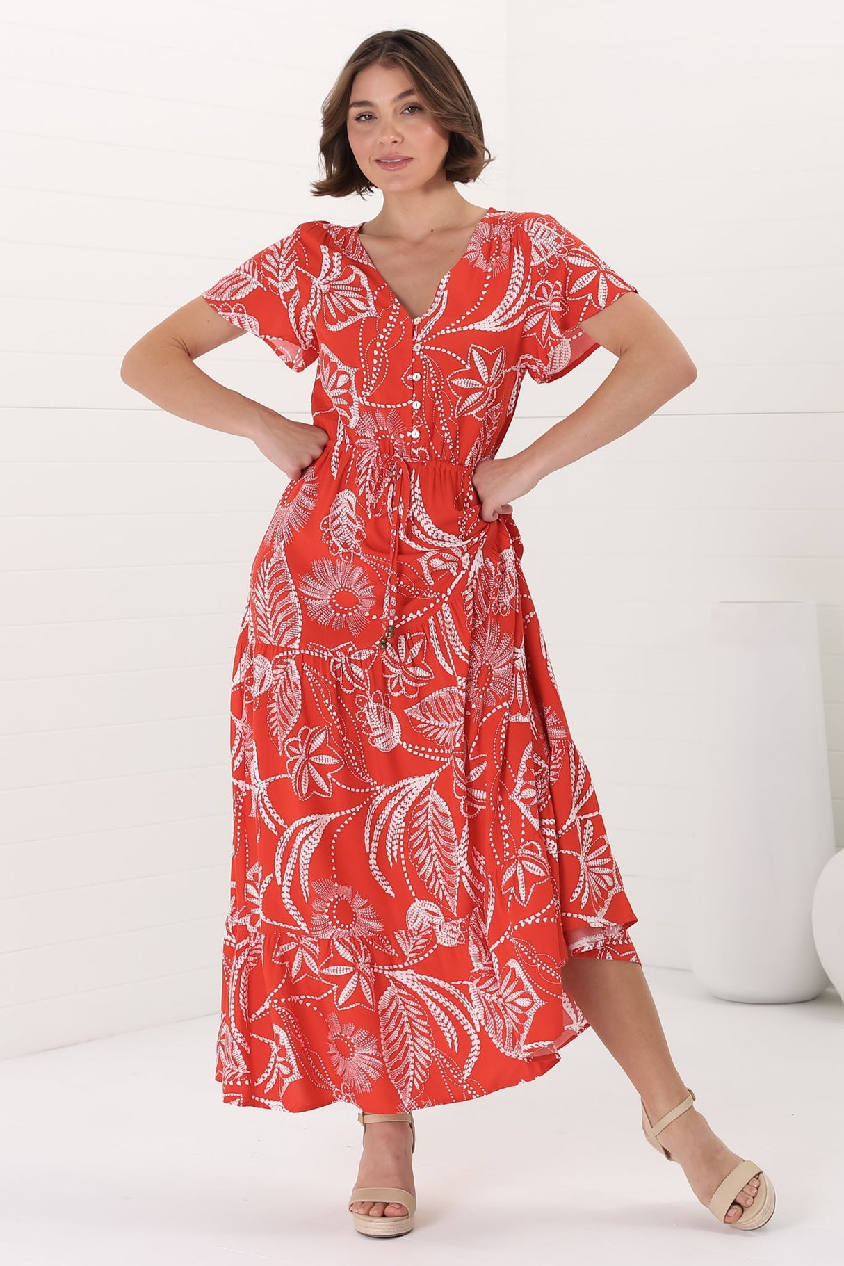 Hanna Maxi Dress - Cap Sleeve Tiered A Line Dress with Toggle Detailed Waist Tie in Havanna Print Red