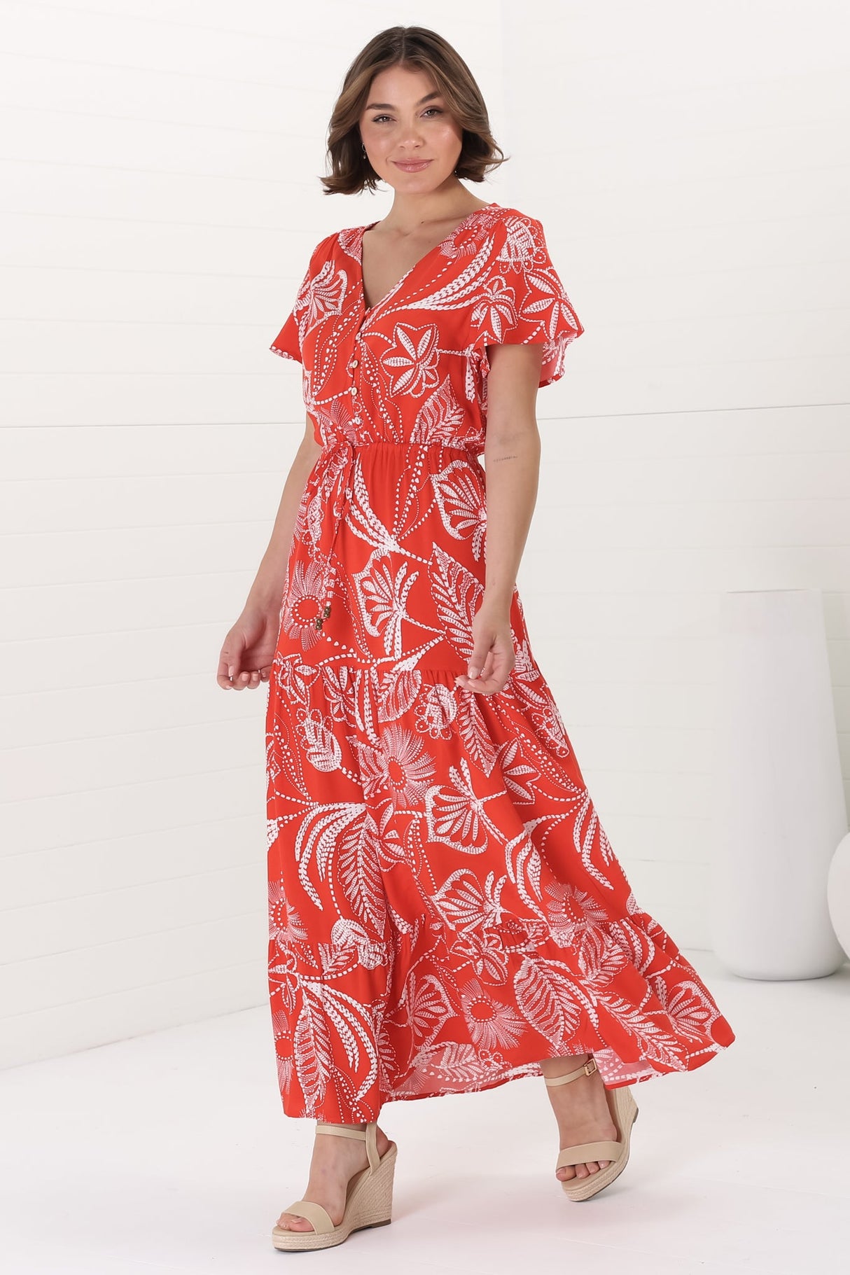 Hanna Maxi Dress - Cap Sleeve Tiered A Line Dress with Toggle Detailed Waist Tie in Havanna Print Red