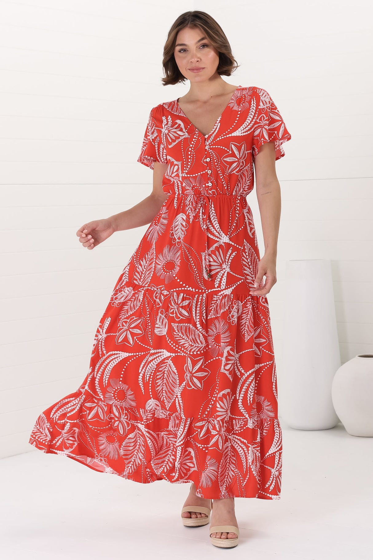 Hanna Maxi Dress - Cap Sleeve Tiered A Line Dress with Toggle Detailed Waist Tie in Havanna Print Red