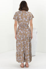 Hanna Maxi Dress - Cap Sleeve Tiered A Line Dress with Toggle Detailed Waist Tie in Ishaka Print Beige