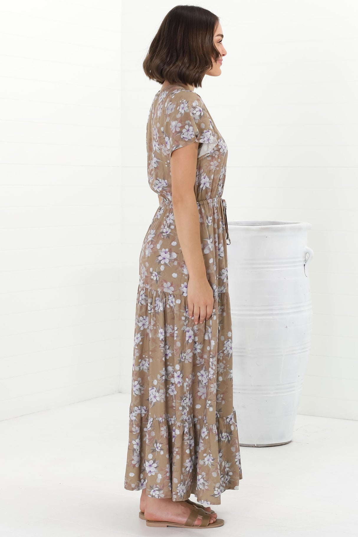 Hanna Maxi Dress - Cap Sleeve Tiered A Line Dress with Toggle Detailed Waist Tie in Ishaka Print Beige