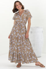 Hanna Maxi Dress - Cap Sleeve Tiered A Line Dress with Toggle Detailed Waist Tie in Ishaka Print Beige