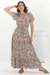 Hanna Maxi Dress - Cap Sleeve Tiered A Line Dress with Toggle Detailed Waist Tie in Ishaka Print Beige