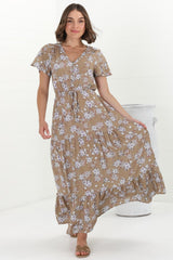 Hanna Maxi Dress - Cap Sleeve Tiered A Line Dress with Toggle Detailed Waist Tie in Ishaka Print Beige