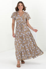 Hanna Maxi Dress - Cap Sleeve Tiered A Line Dress with Toggle Detailed Waist Tie in Ishaka Print Beige