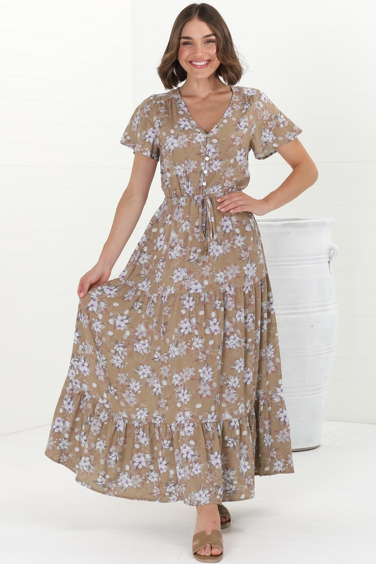 Hanna Maxi Dress - Cap Sleeve Tiered A Line Dress with Toggle Detailed Waist Tie in Ishaka Print Beige