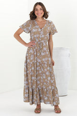 Hanna Maxi Dress - Cap Sleeve Tiered A Line Dress with Toggle Detailed Waist Tie in Ishaka Print Beige