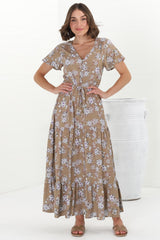 Hanna Maxi Dress - Cap Sleeve Tiered A Line Dress with Toggle Detailed Waist Tie in Ishaka Print Beige