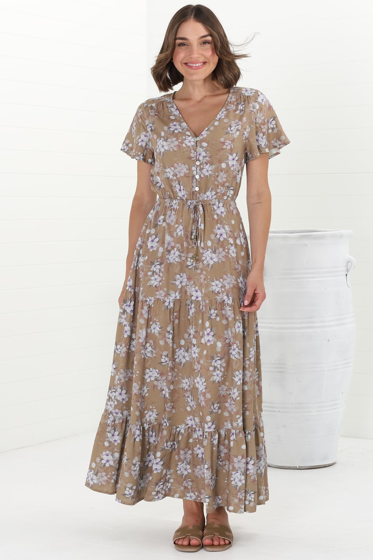 Hanna Maxi Dress - Cap Sleeve Tiered A Line Dress with Toggle Detailed Waist Tie in Ishaka Print Beige