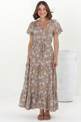 Hanna Maxi Dress - Cap Sleeve Tiered A Line Dress with Toggle Detailed Waist Tie in Ishaka Print Beige