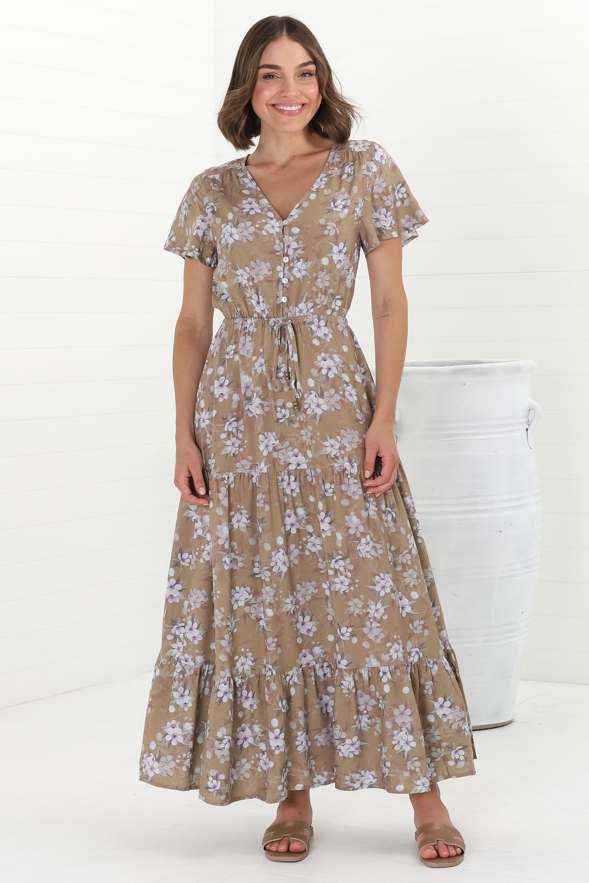 Hanna Maxi Dress - Cap Sleeve Tiered A Line Dress with Toggle Detailed Waist Tie in Ishaka Print Beige