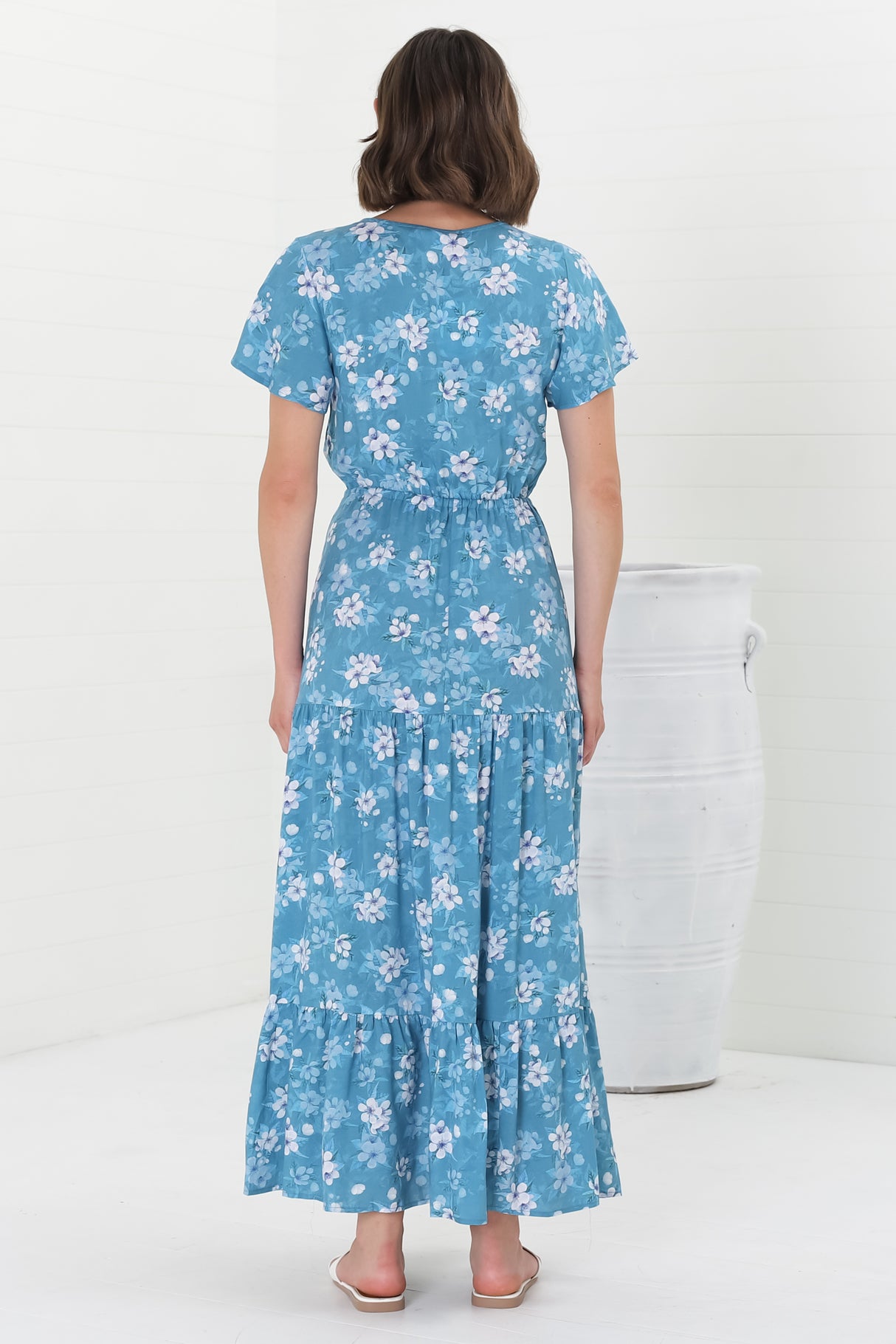 Hanna Maxi Dress - Cap Sleeve Tiered A Line Dress with Toggle Detailed Waist Tie in Ishaka Print Blue