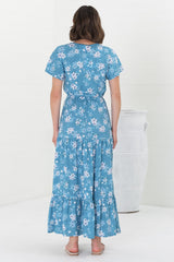 Hanna Maxi Dress - Cap Sleeve Tiered A Line Dress with Toggle Detailed Waist Tie in Ishaka Print Blue