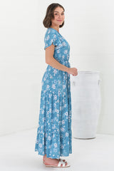 Hanna Maxi Dress - Cap Sleeve Tiered A Line Dress with Toggle Detailed Waist Tie in Ishaka Print Blue