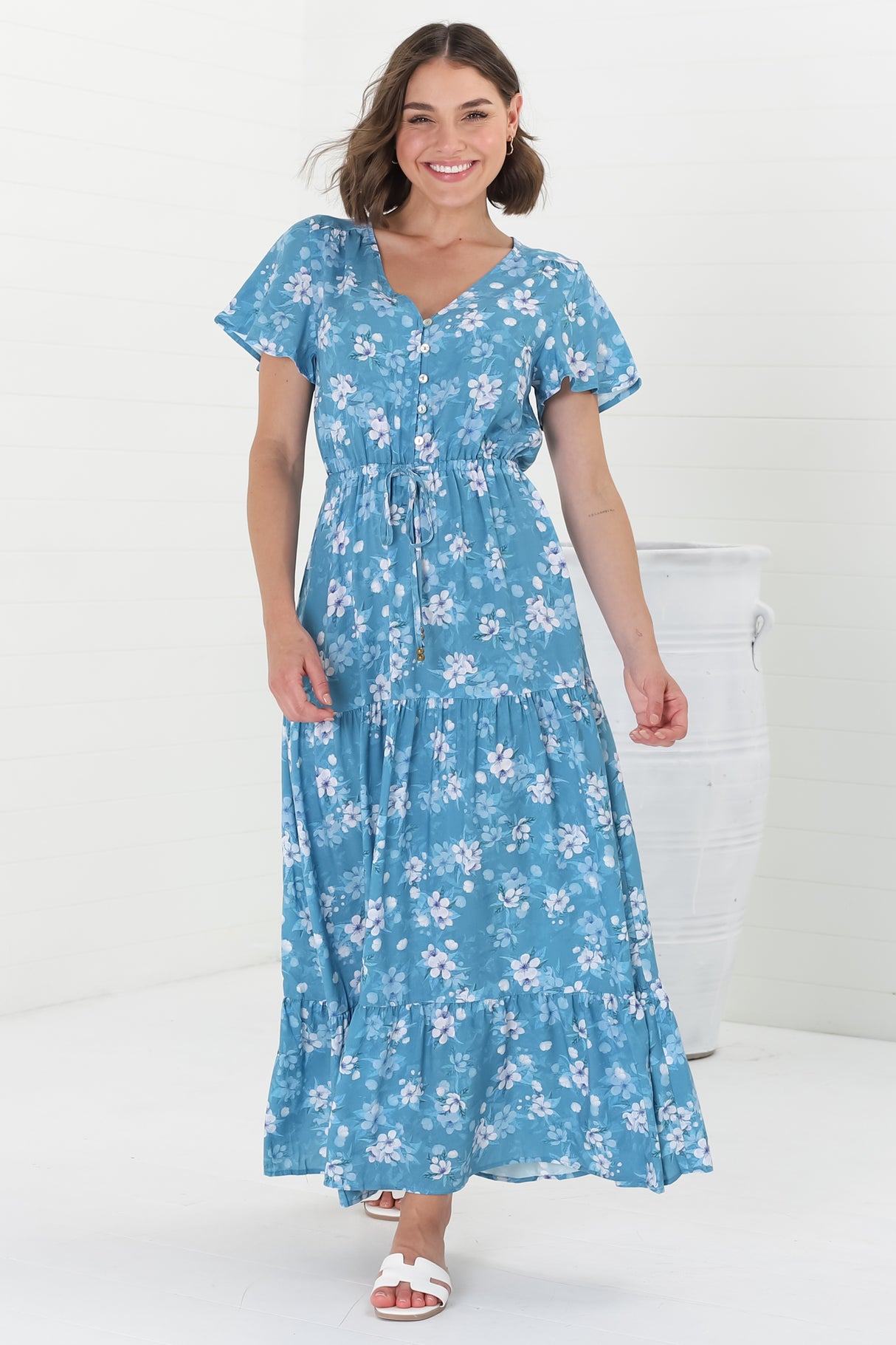 Hanna Maxi Dress - Cap Sleeve Tiered A Line Dress with Toggle Detailed Waist Tie in Ishaka Print Blue