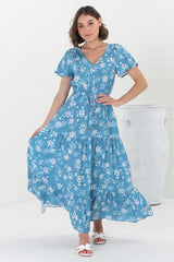 Hanna Maxi Dress - Cap Sleeve Tiered A Line Dress with Toggle Detailed Waist Tie in Ishaka Print Blue