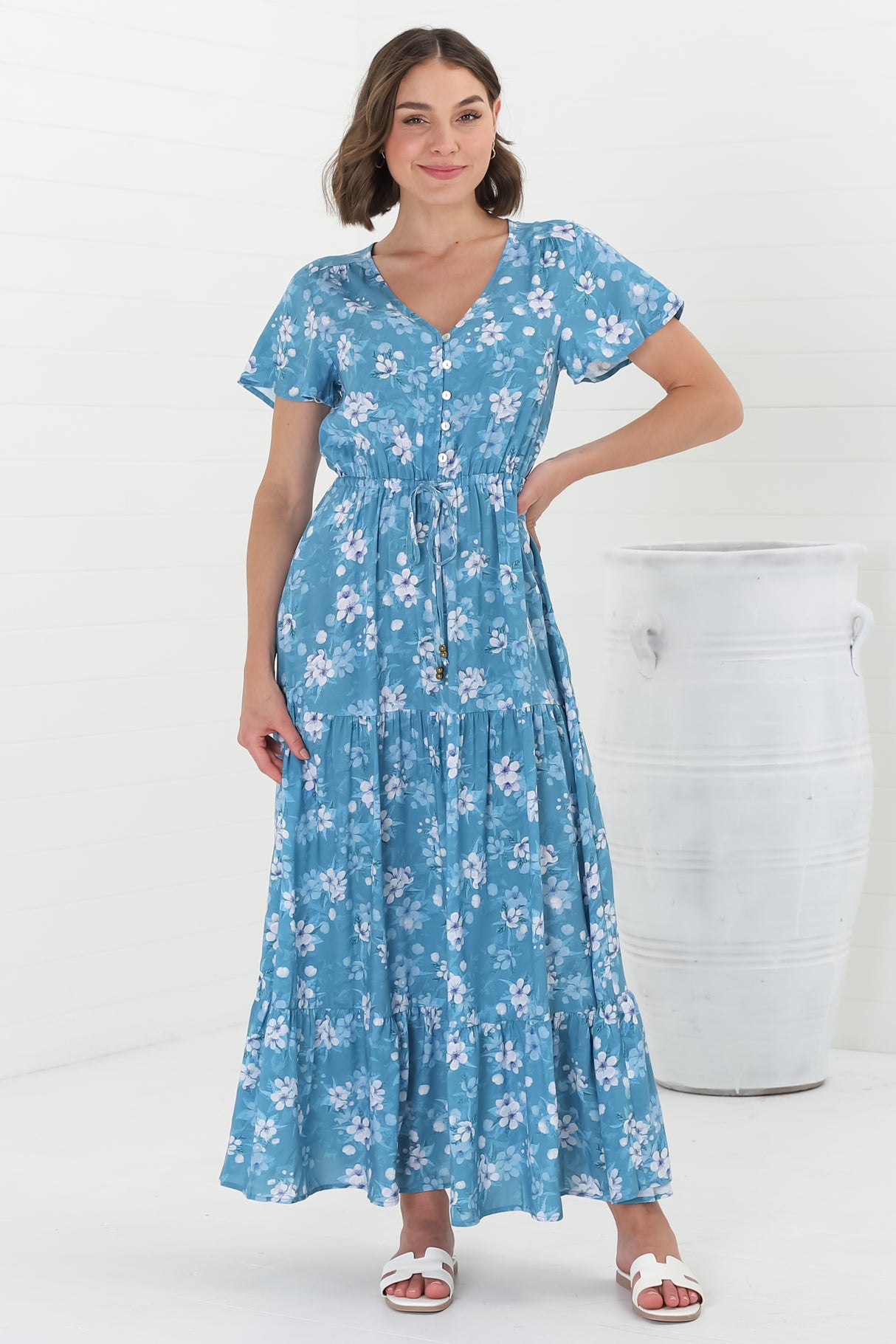 Hanna Maxi Dress - Cap Sleeve Tiered A Line Dress with Toggle Detailed Waist Tie in Ishaka Print Blue