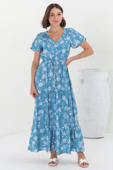 Hanna Maxi Dress - Cap Sleeve Tiered A Line Dress with Toggle Detailed Waist Tie in Ishaka Print Blue