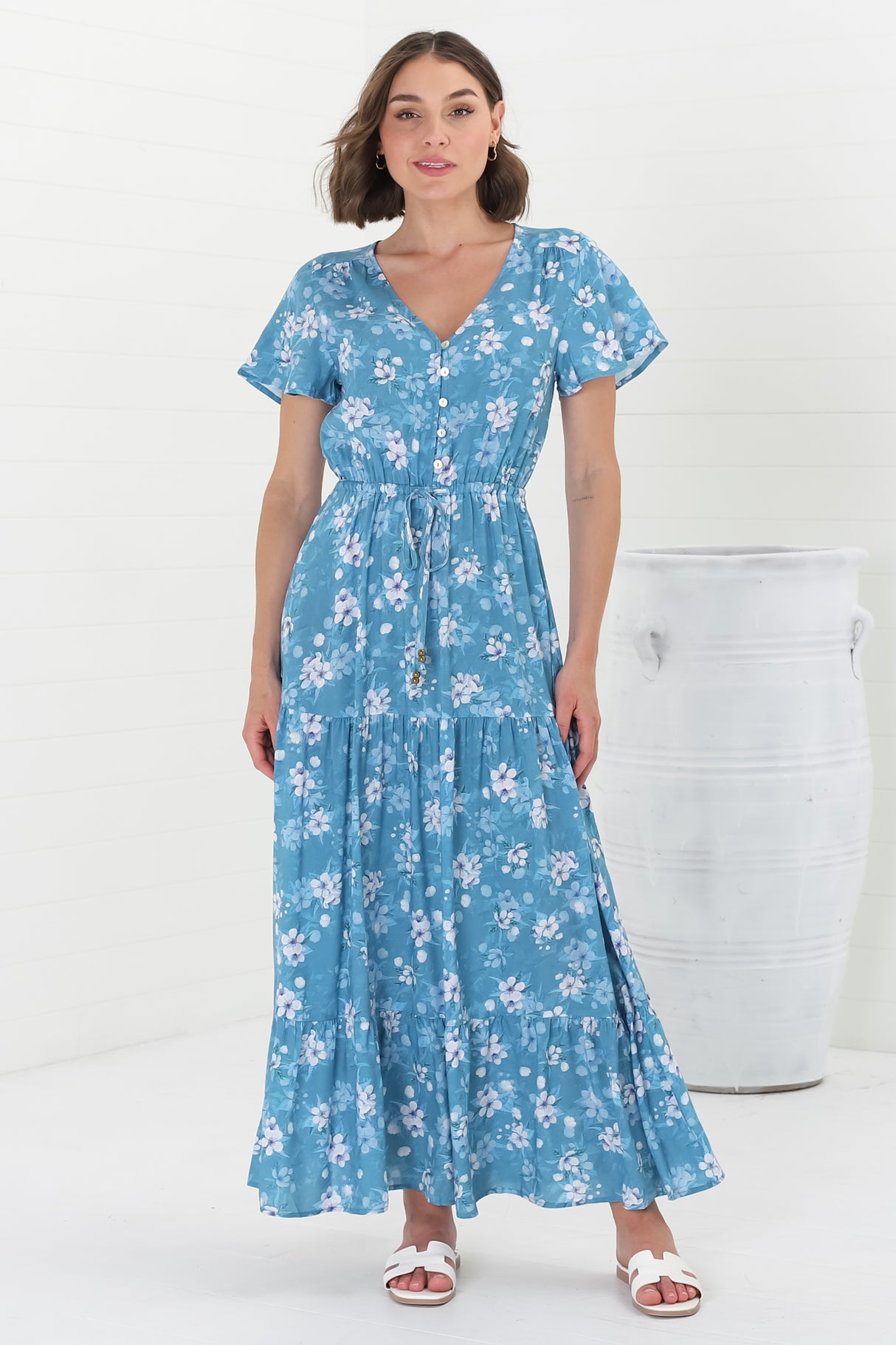 Hanna Maxi Dress - Cap Sleeve Tiered A Line Dress with Toggle Detailed Waist Tie in Ishaka Print Blue