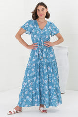 Hanna Maxi Dress - Cap Sleeve Tiered A Line Dress with Toggle Detailed Waist Tie in Ishaka Print Blue