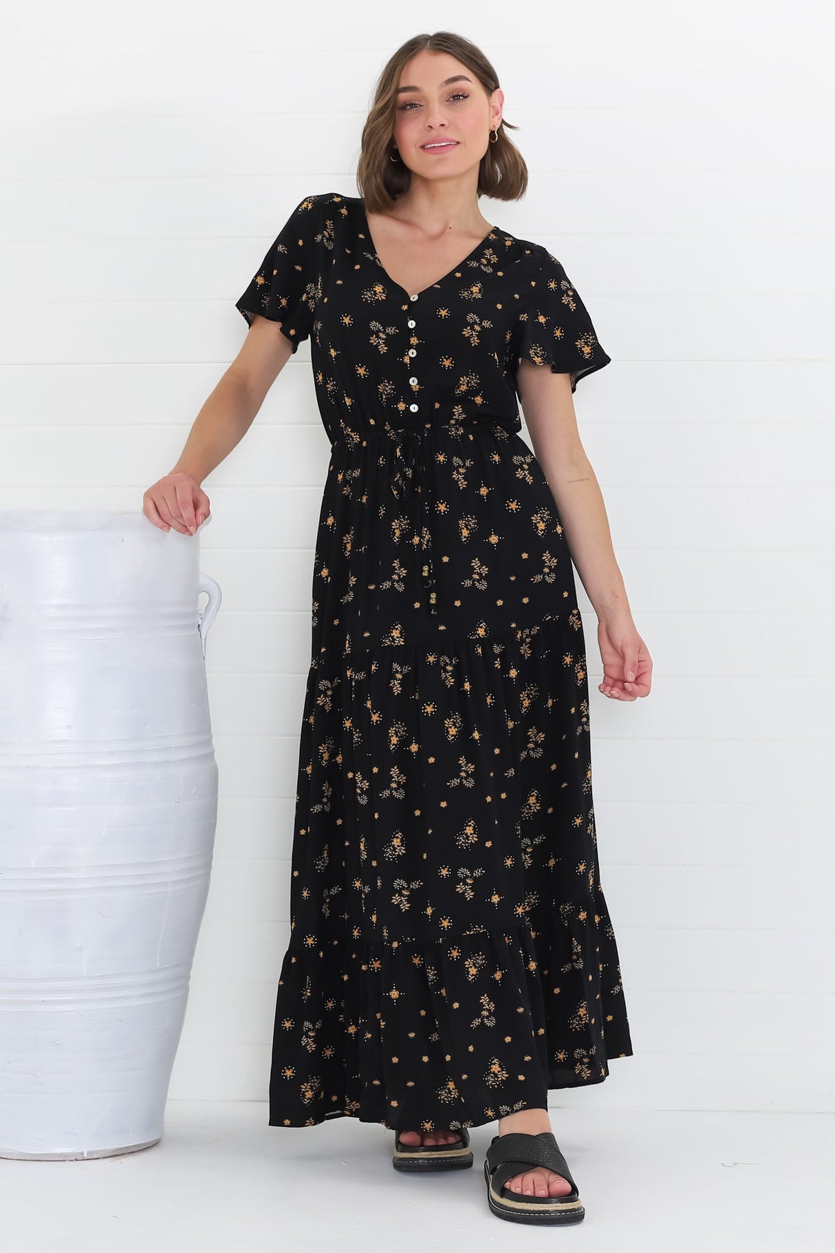 Hanna Maxi Dress - Cap Sleeve Tiered A Line Dress with Toggle Detailed Waist Tie in Melany Print Black