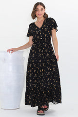 Hanna Maxi Dress - Cap Sleeve Tiered A Line Dress with Toggle Detailed Waist Tie in Melany Print Black