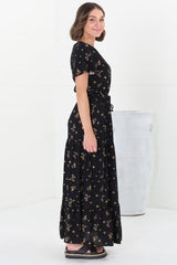 Hanna Maxi Dress - Cap Sleeve Tiered A Line Dress with Toggle Detailed Waist Tie in Melany Print Black