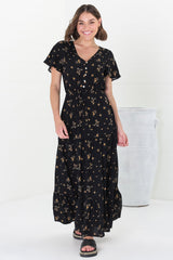 Hanna Maxi Dress - Cap Sleeve Tiered A Line Dress with Toggle Detailed Waist Tie in Melany Print Black