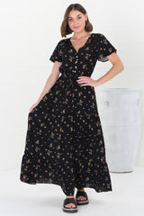 Hanna Maxi Dress - Cap Sleeve Tiered A Line Dress with Toggle Detailed Waist Tie in Melany Print Black