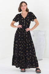 Hanna Maxi Dress - Cap Sleeve Tiered A Line Dress with Toggle Detailed Waist Tie in Melany Print Black