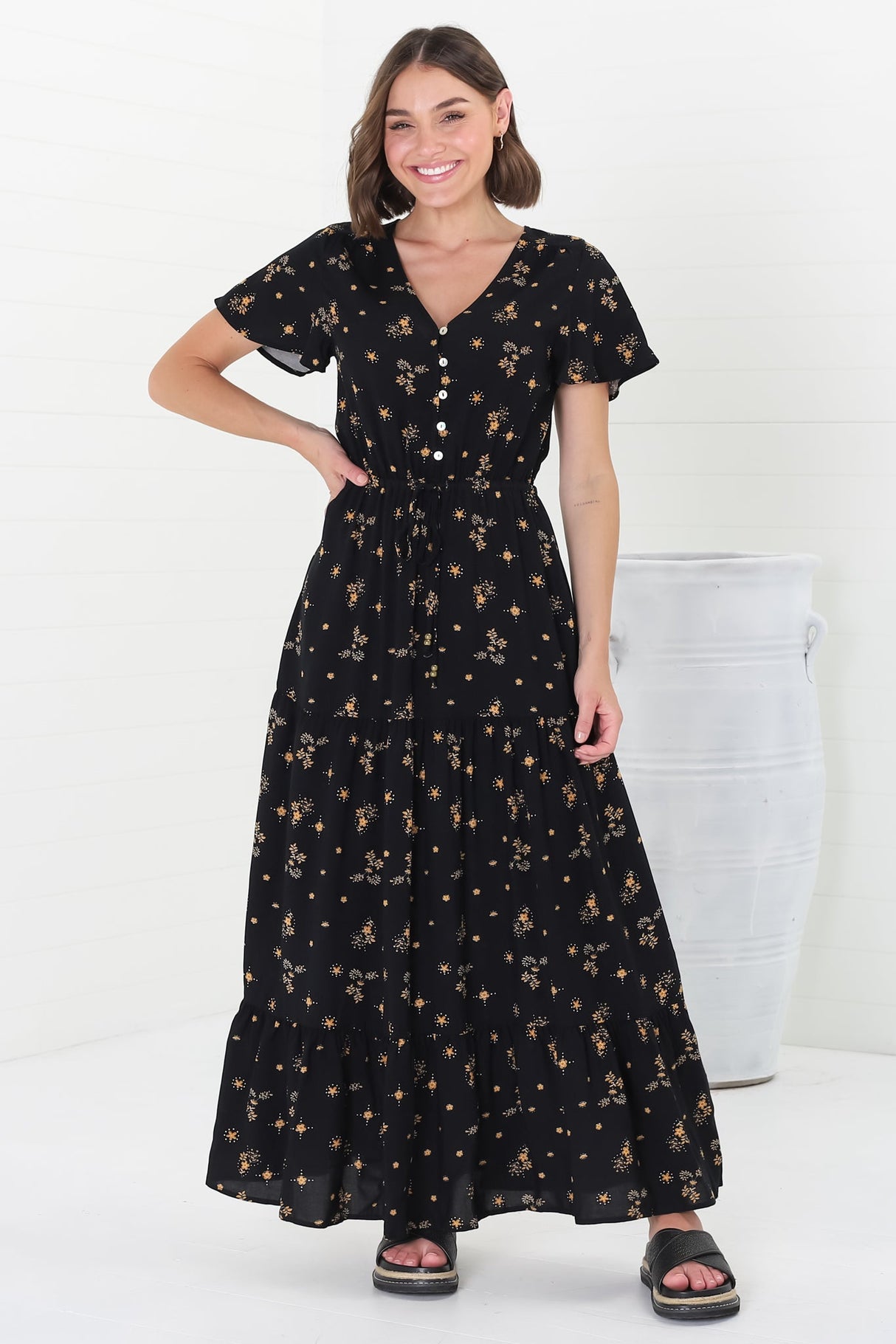 Hanna Maxi Dress - Cap Sleeve Tiered A Line Dress with Toggle Detailed Waist Tie in Melany Print Black