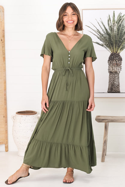 Hanna Maxi Dress - Cap Sleeve Tiered A Line Dress with Toggle Detailed Waist Tie in Olive