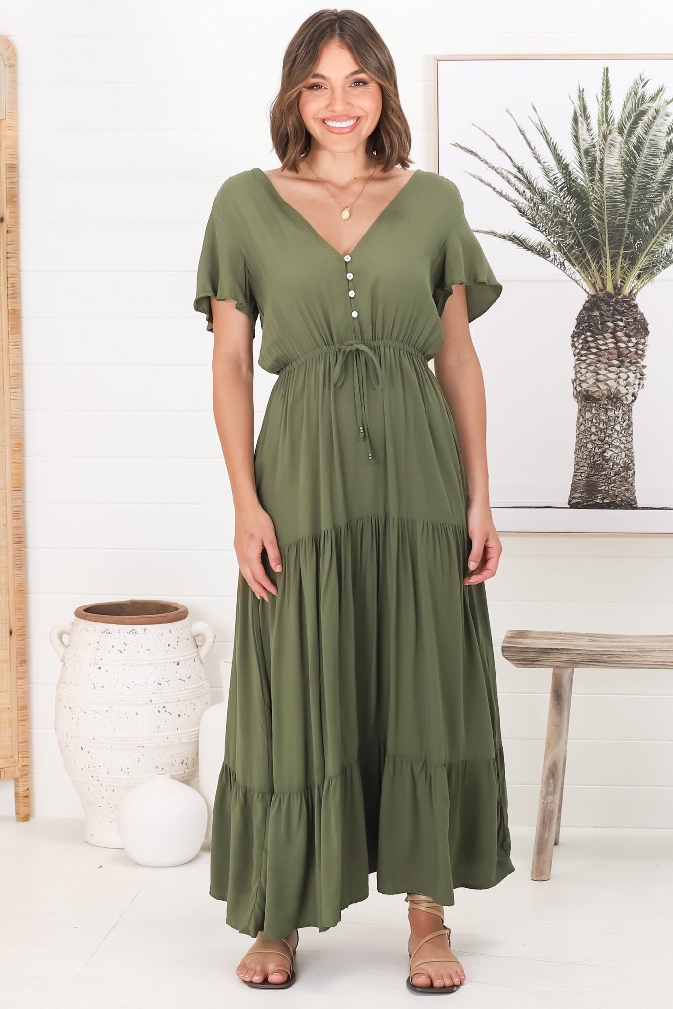 Hanna Maxi Dress - Cap Sleeve Tiered A Line Dress with Toggle Detailed Waist Tie in Olive