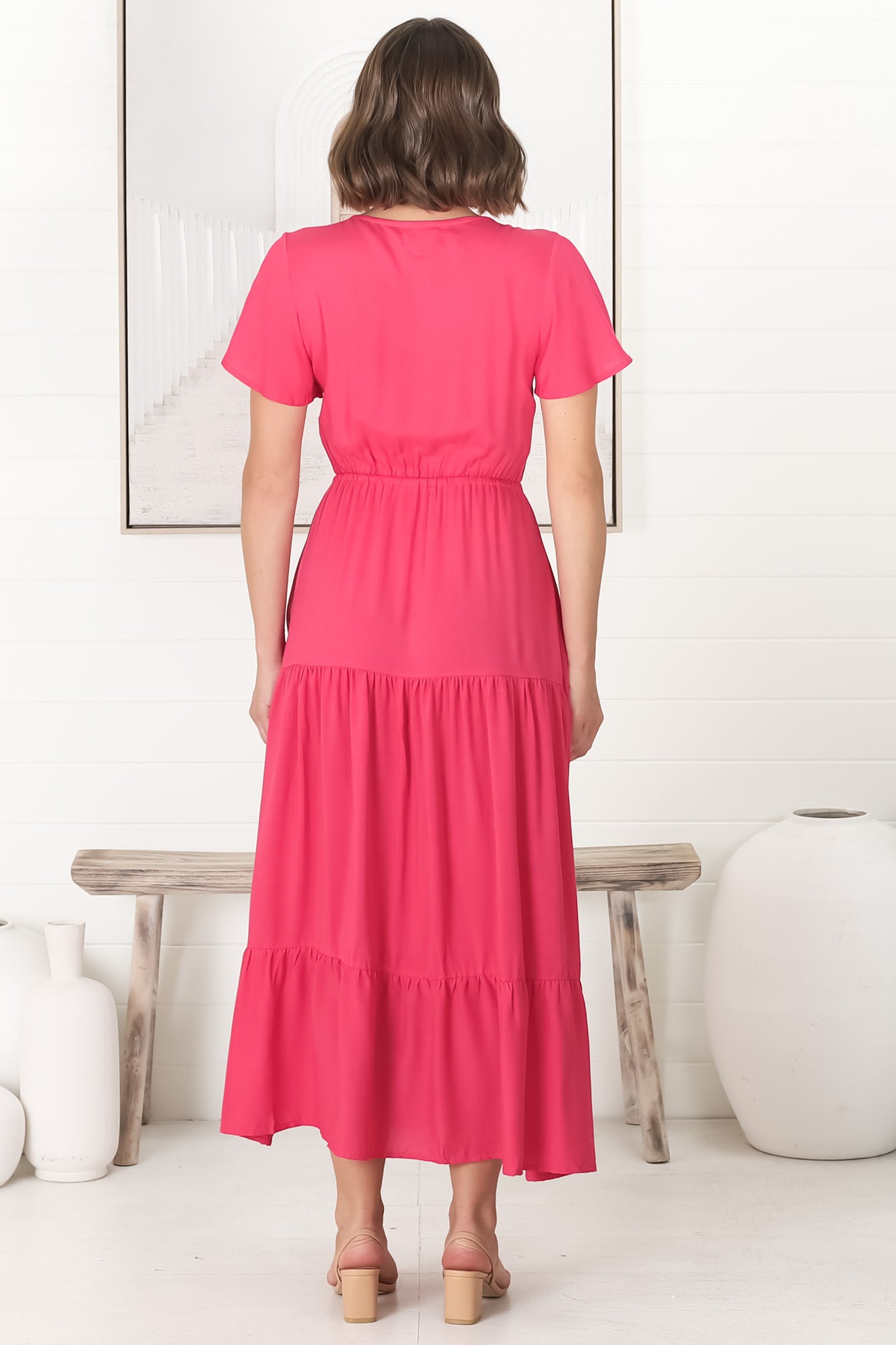 Hanna Maxi Dress - Cap Sleeve Tiered A Line Dress with Toggle Detailed Waist Tie in Hot Pink