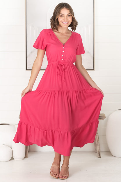 Hanna Maxi Dress - Cap Sleeve Tiered A Line Dress with Toggle Detailed Waist Tie in Hot Pink