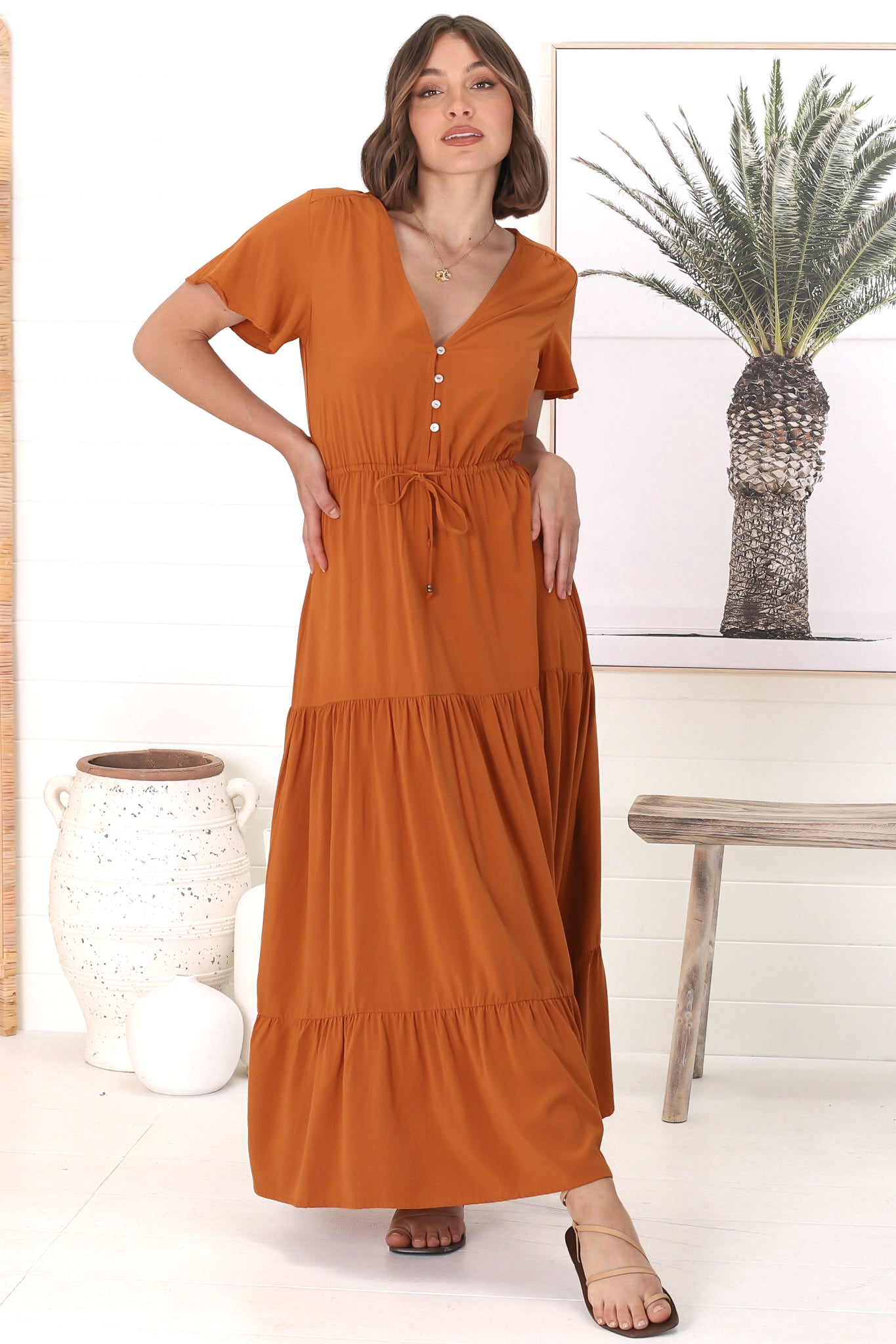 Hanna Maxi Dress - Cap Sleeve Tiered A Line Dress with Toggle Detailed Waist Tie in Rust