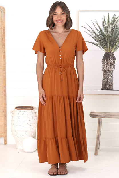 Hanna Maxi Dress - Cap Sleeve Tiered A Line Dress with Toggle Detailed Waist Tie in Rust