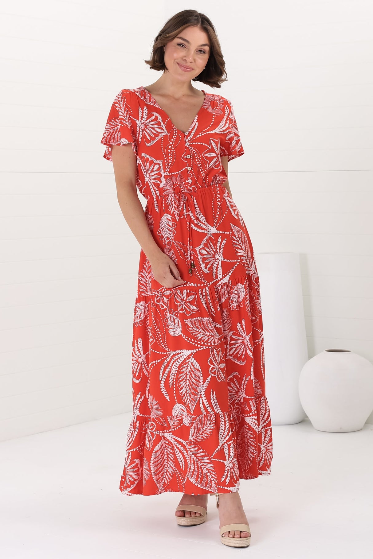 Hanna Maxi Dress - Cap Sleeve Tiered A Line Dress with Toggle Detailed Waist Tie in Havanna Print Red