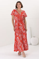 Hanna Maxi Dress - Cap Sleeve Tiered A Line Dress with Toggle Detailed Waist Tie in Havanna Print Red