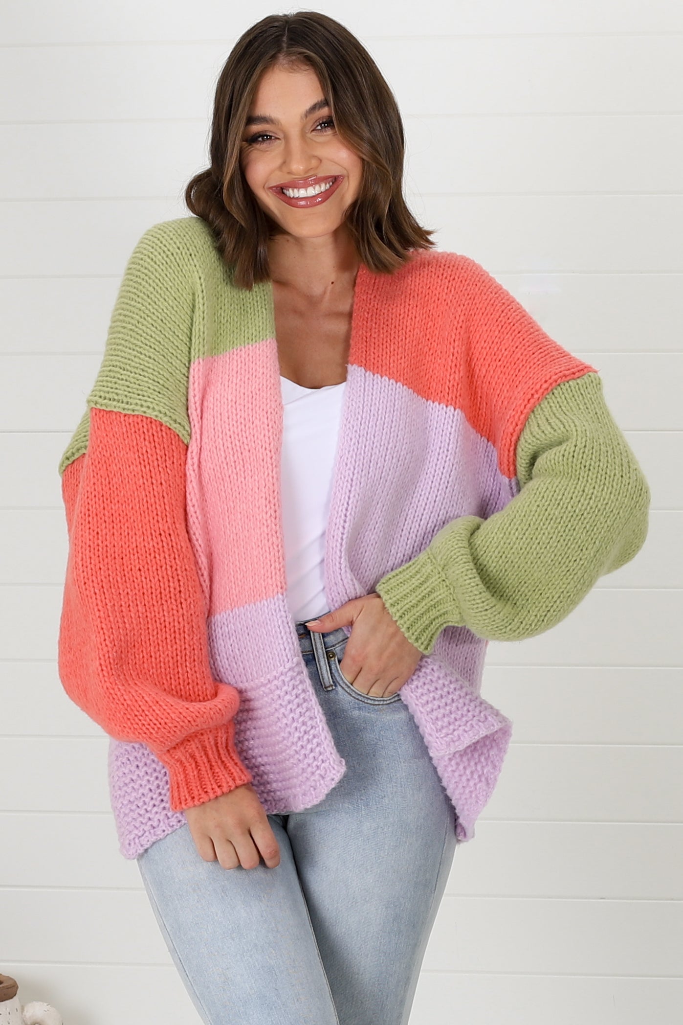 Hillary Cardigan - Cropped Colour Block Cardigan in Lilac