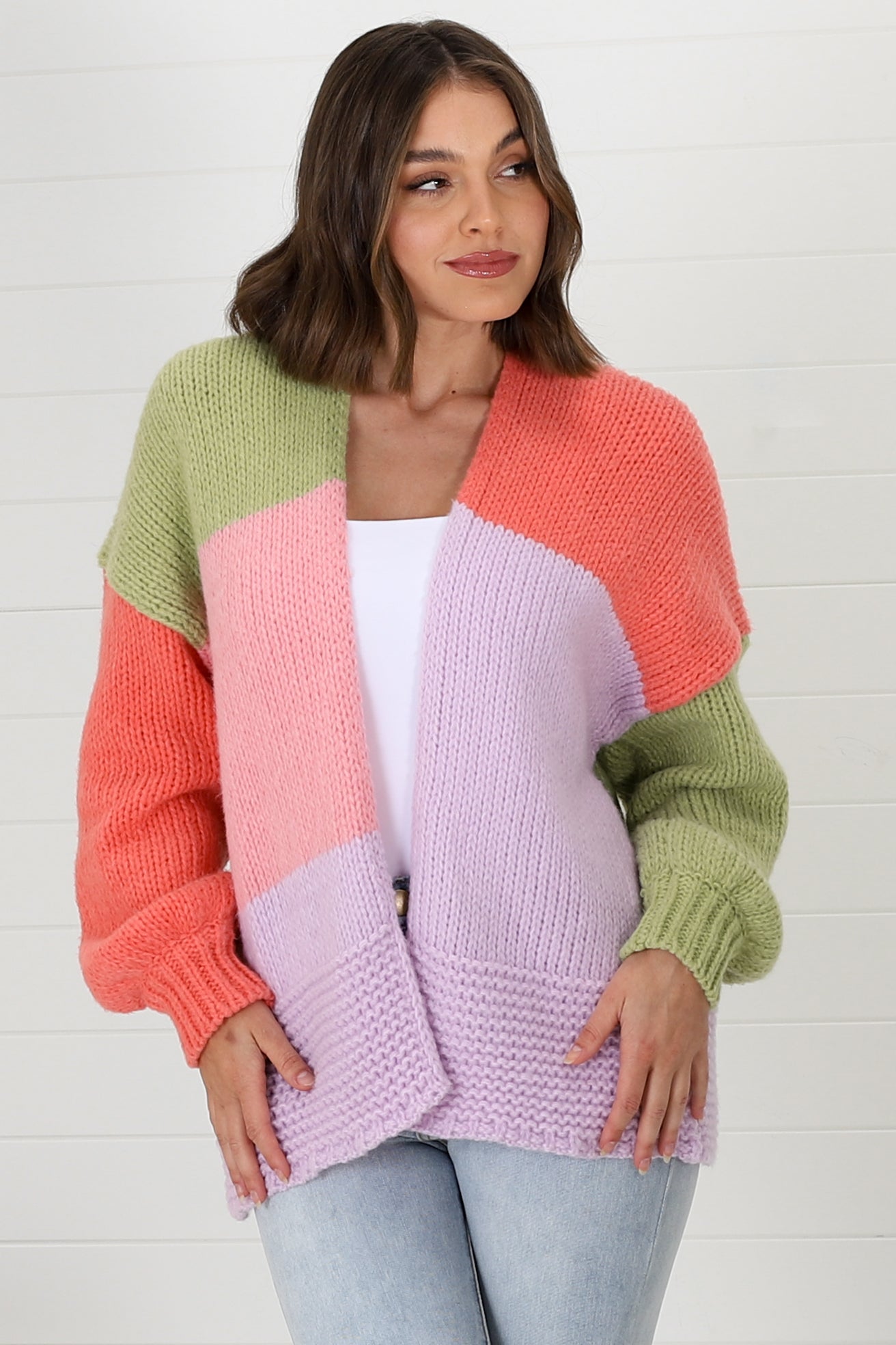 Hillary Cardigan - Cropped Colour Block Cardigan in Lilac